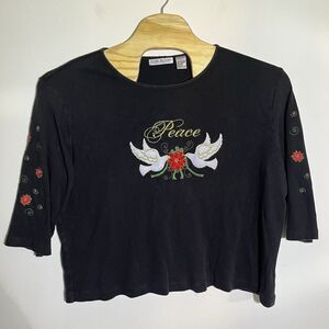 Allyson Whitmore Womens 3X Plus Peace Embroidered Black 3/4 Sleeve Holiday Shirt
